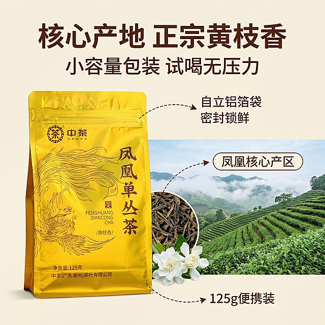 [垫图]输入图
[主图主题]中茶黄枝香凤凰单丛卖点溯源图
[氛围/风格]写实简约风格，明亮自然光，突出产地优势
[画面元素]金色铝箔袋放在画面左侧，右侧背景为潮州凤凰山云雾茶园实景，叠加黄枝香干茶条索特写，点缀新鲜栀子花，用纤细棕色虚线引线分别标注“凤凰核心产区”、“125g便携装”、“自立铝箔袋 密封锁鲜”三个卖点，背景铺满全屏无边框
[配色色系]主色调：金色、茶山绿、茶褐；辅助色：米白
[视角构图]平视角度，景深适中，左右分布平衡
[文字版式]顶部主标题“核心产地 正宗黄枝香”，下方标注“小容量包装 试喝无压力”，卖点文字为深棕色无衬线体，悬浮于背景不遮挡产品
[比例分辨率]1:1 比例，2k 分辨率