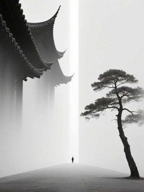 极简主义电脑壁纸，画面呈现从地面延伸至画外的巨高一线空间，矛盾空间设计，古松影子与古建筑上翘屋檐元素交错，纯白色背景，黑白色配色，东方意境，整体模糊处理，肌理磨砂质感，通透缥缈，虚幻氛围，画面中点缀极预览效果