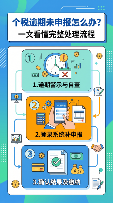 生成一张吸引读者的竖版封面图，主标题为'个税逾期未申报怎么办？'，副标题为'一文看懂完整处理流程'，风格简约专业，配色协调醒目，包含税务相关元素设计，适合作为公众号/资讯文章封面预览效果