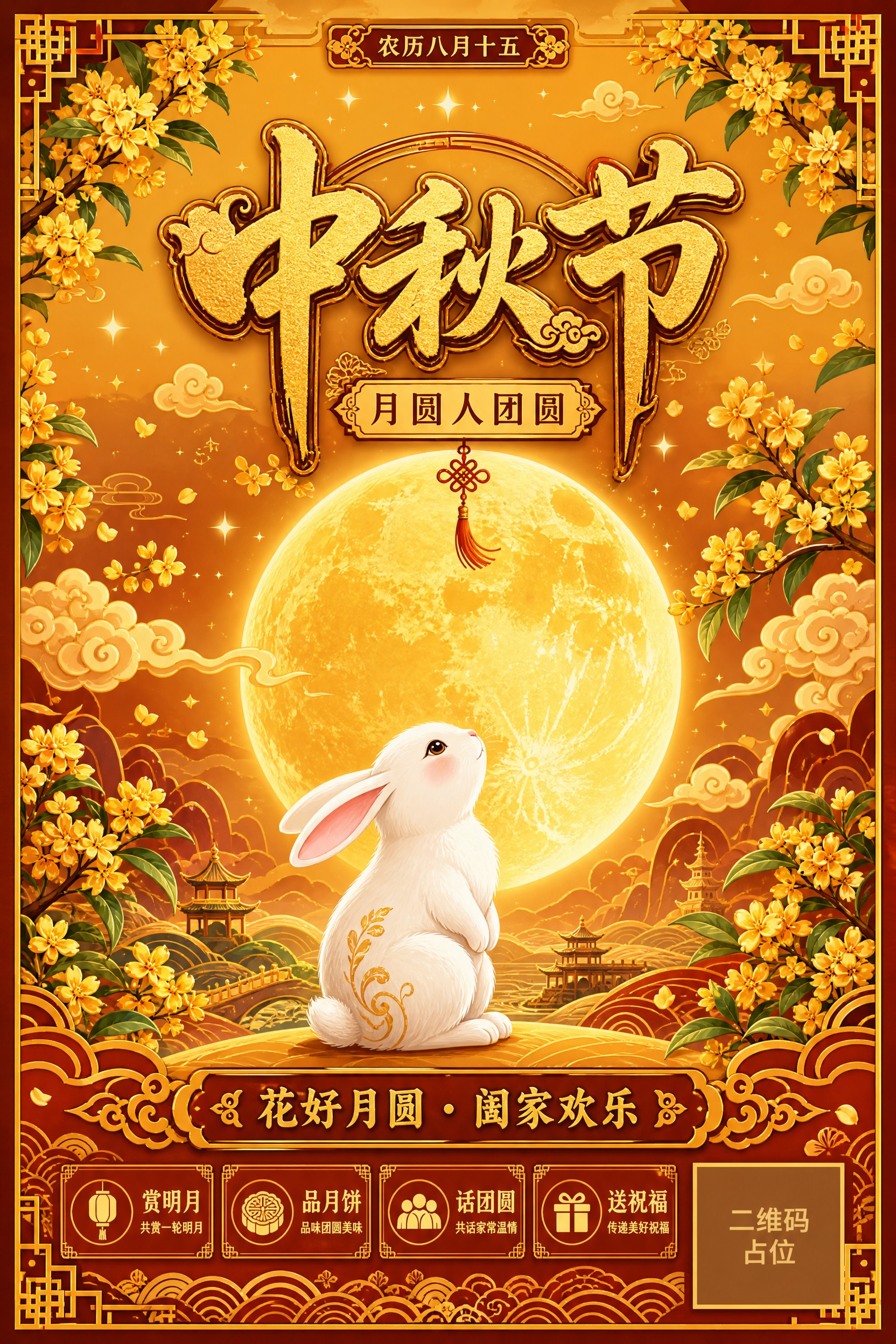 极繁主义矢量插画风格，中秋节主题海报，整体色调偏暖黄色系。画面… - 图片创意预览