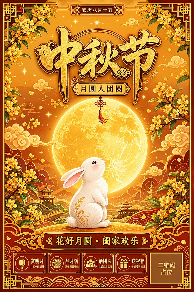 极繁主义矢量插画风格，中秋节主题海报，整体色调偏暖黄色系。画面中央是一轮巨大的金黄色满月，月亮周围环绕着细腻的祥云纹样和闪烁的星光。月亮下方有一只可爱的玉兔，玉兔呈坐姿仰望月亮，毛发细腻，神态温柔。画面四周装饰有桂花树枝和盛开的桂花花朵，花瓣飘落，增添节日氛围。背景为渐变的暖黄色到深琥珀色，点缀传统中式云纹和波浪纹样。画面顶部居中位置有大号艺术字体主标题"中秋节"，字体采用传统书法风格，颜色为深金色，带有精致的描边和装饰。主标题下方有副标题"月圆人团圆"，字体稍小，风格协调。画面底部有装饰短句"花好月圆 · 阖家欢乐"，两侧配有对称的中式纹样装饰。整体构图对称均衡，层次丰富，细节精致，矢量图形清晰锐利，充满中国传统节日的喜庆与温馨氛围。版式精美，四边留有安全边距，所有文字清晰可读。画面中所有信息区域必须填充完整合理的内容，不得出现空白框或待填写区域。画面中所有二维码区域使用纯色方块占位符呈现，方块中央标注"二维码占位"文字，严禁生成任何可识别的二维码图案。