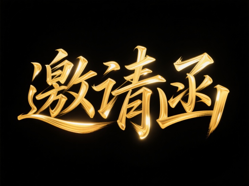 主标题为“邀请函”二字，流动的金色笔触，文字横向排列，纯黑色背景预览效果