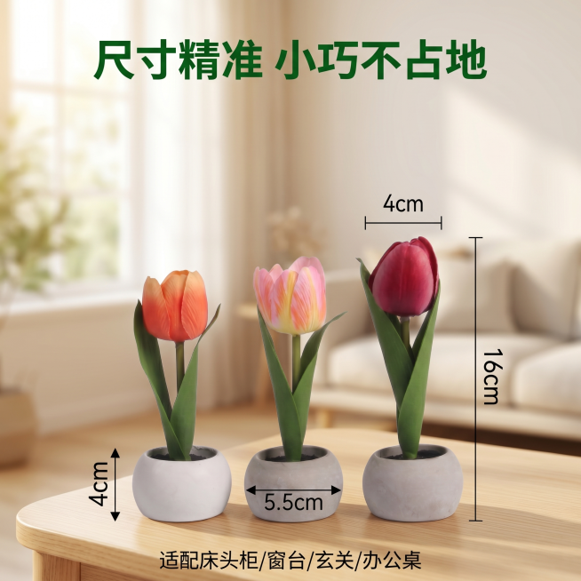 [主图 3] 多场景尺寸展示图。[氛围风格] 温馨舒适家居治愈风。[画质] 商业摄影质感、光线柔和通透、产品清晰真实、画面干净高级。[元素] 展示产品整体尺寸，产品标注清晰尺寸线和数字：总高16cm，预览效果