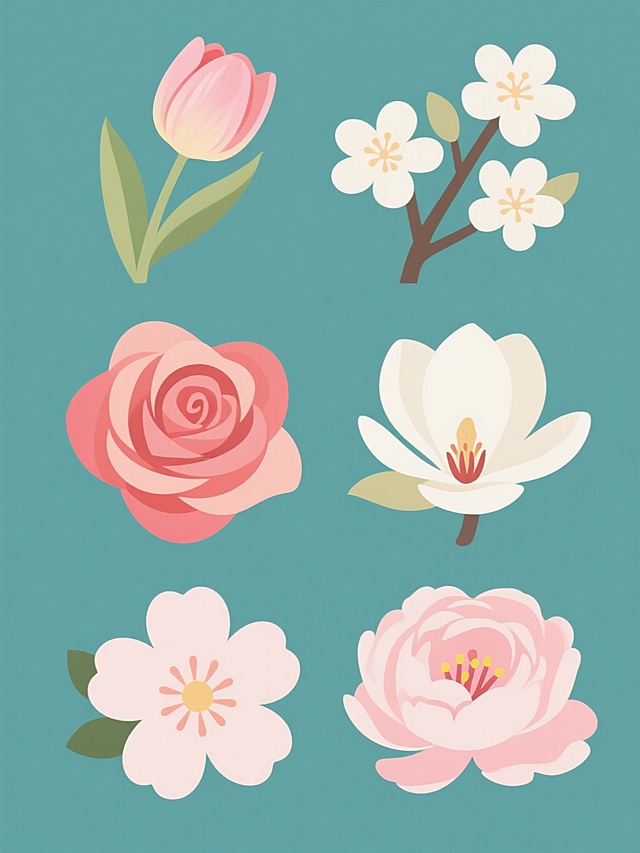 6个规整排布的花朵素材，每个素材为单一花朵造型图案，包含郁金香、桂花、玫瑰花、白玉兰、樱花、芍药，花朵造型简约现代，采用纯色背景，花朵色彩明快，花瓣层次分明，花蕊细节清晰，整体风格清新自然，具有良好的视觉美感和装饰性。