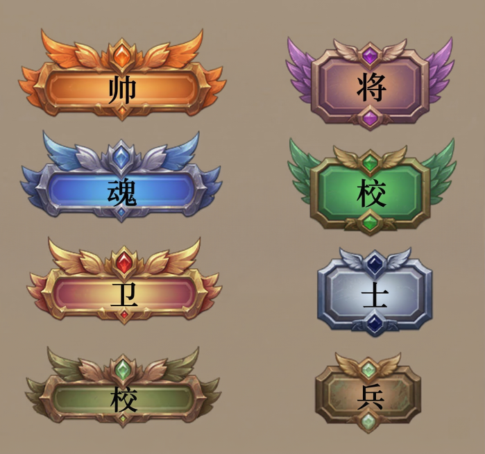参考原图的魔幻游戏UI风格、对应橙、紫、蓝、绿的金属边框+宝石+翅膀的配色设计，生成7个小型游戏徽章，每个徽章上分别有醒目的黑色单字：帅、将、魂、校、卫、士、兵，徽章统一为小型尺寸，排列整齐，背景为浅预览效果