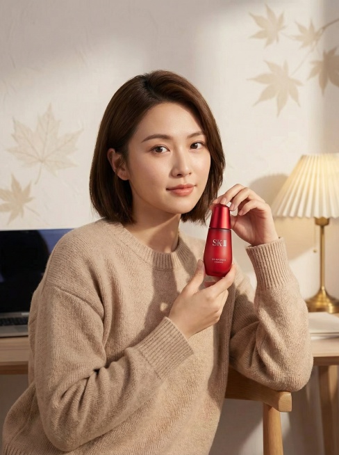 这张产品图展示了一位女性模特手持skII小红瓶。整体画面温暖、亲切，突出了产品的高端和专业形象。模特是一位年轻女性，拥有光滑细腻的肌肤和自然清新的妆容，展现出健康美丽的状态。她留着齐肩短发，穿着一件米预览效果