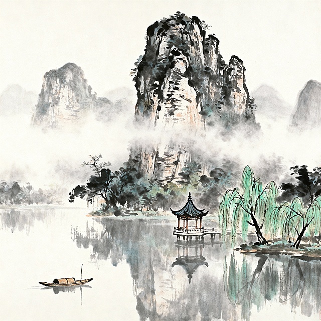 一幅水墨山水画，描绘肇庆七星岩，喀斯特石山从如镜的湖水中升起，山间缠绕着晨雾，湖边有古亭和垂柳，一只孤舟泛于湖上，风格模仿张大千，笔触淋漓，留有题诗空间。画面空灵、静谧。--ar 3:4