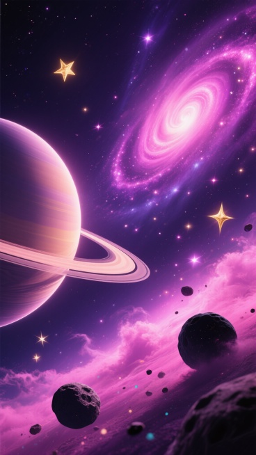 深邃宇宙空间场景，以暗紫色为基调，点缀亮粉色星云和金色恒星，巨大行星悬浮于画面左侧，表面有显著的环形纹路和光晕效果，右侧螺旋星系呈现粉紫渐变色彩，周围环绕着无数闪烁的星星和发光粒子，前景有较小行星和黑色天体，整体画面具有强烈的纵深感和神秘梦幻的氛围，光影效果突出，色彩层次丰富，呈现出宇宙的浩瀚与壮丽。预览效果