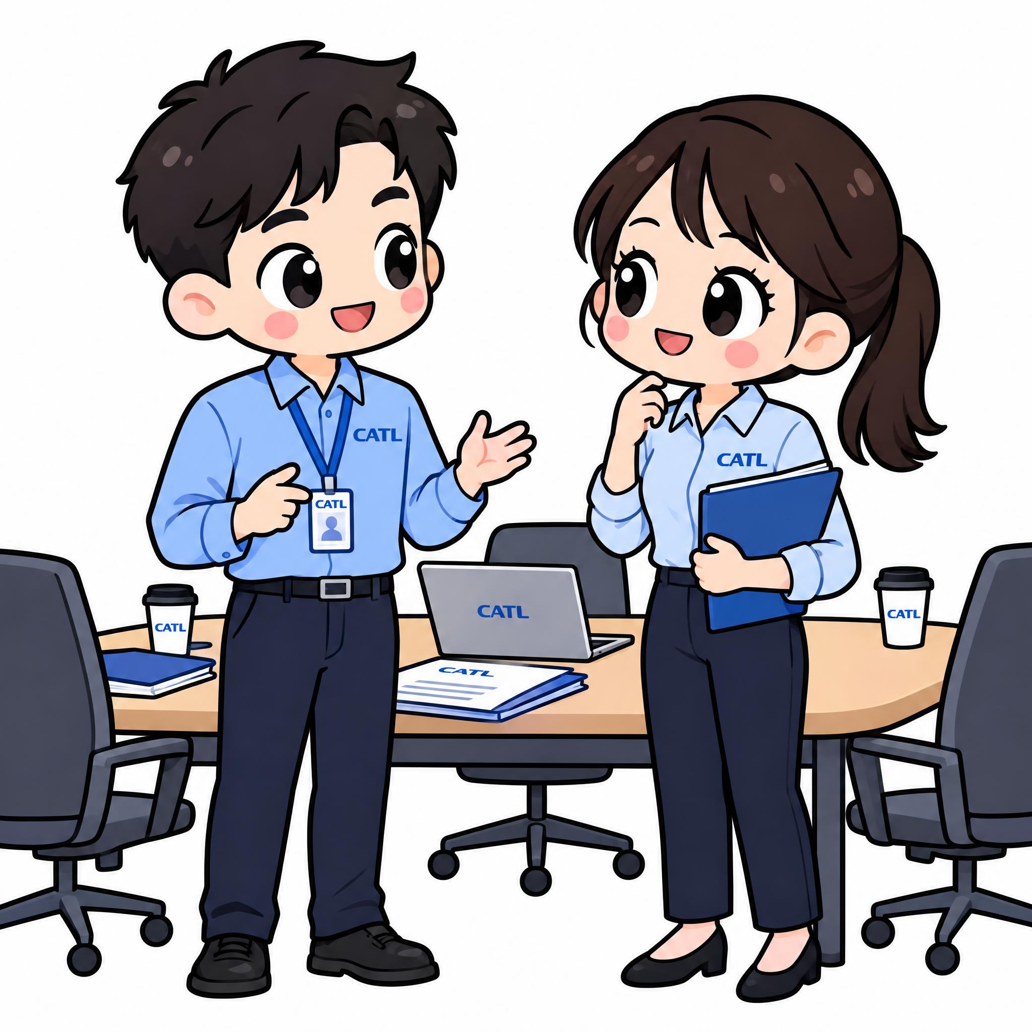 Q版可爱卡通双人组合，CATL办公会议场景，左边男生穿蓝色衬衫… - 图片创意预览