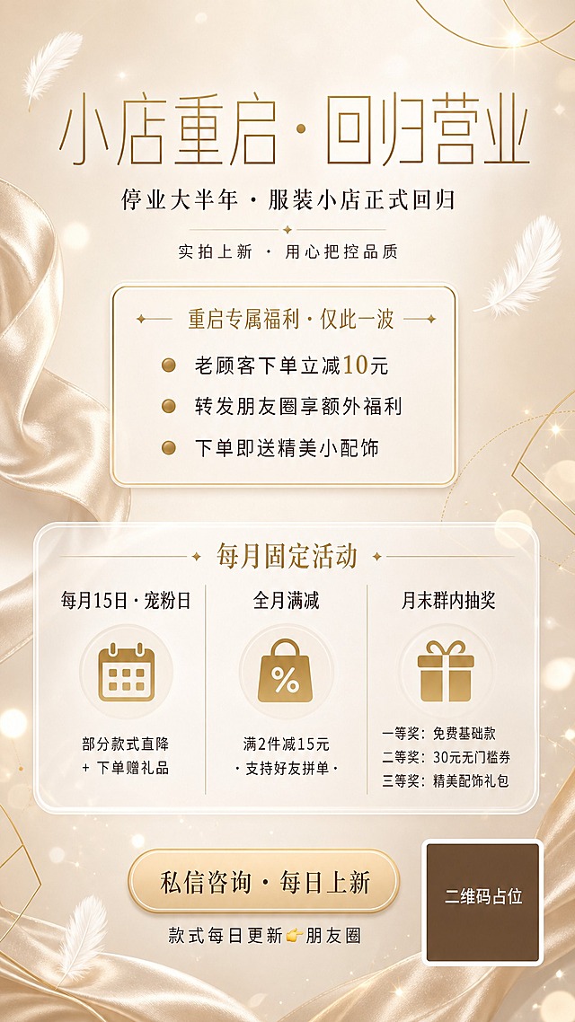 一张简约高级风的内衣服装店重启回归活动海报，竖版9:16比例，香槟米白渐变背景，整体温柔轻奢质感。画面顶部居中是大标题"小店重启 · 回归营业"，字体为优雅细黑体，香槟金色，字号最大。标题下方是副标题"停业大半年 · 服装小店正式回归"，深棕色小字，居中排列。再下方一行小字"实拍上新 · 用心把控品质"。画面中部偏上位置，有一个精致的金色细线圆角矩形卡片，卡片内标题为"重启专属福利 · 仅此一波"，金色小字；下方三条福利条目，每条前有金色小圆点："老顾客下单立减10元"、"转发朋友圈享额外福利"、"下单即送精美小配饰"。画面中部偏下位置，第二个白色半透明玻璃拟态卡片，标题"每月固定活动"，内部分三栏：第一栏"每月15日 · 宠粉日"配小日历图标，文字"部分款式直降 + 下单赠礼品"；第二栏"全月满减"，文字"满2件减15元 · 支持好友拼单"；第三栏"月末群内抽奖"，文字"一等奖：免费基础款 / 二等奖：30元无门槛券 / 三等奖：精美配饰礼包"。画面底部是行动召唤区，居中一个浅金色圆角按钮，按钮内文字"私信咨询 · 每日上新"，按钮下方小字"款式每日更新👉朋友圈"。右下角有一个纯色方块二维码占位符，方块中央标注"二维码占位"文字。背景点缀轻柔的丝绸飘带、金色细线条几何装饰、几片漂浮的羽毛和柔和光斑，整体氛围高级、温柔、有质感，版式精美，留白舒适，信息层级分明。画面中所有信息区域、福利条目、活动卡片必须填充完整合理的内容，不得出现空白框或待填写区域。画面中所有数字必须精确渲染："10元"、"15日"、"2件"、"15元"、"30元"，不得错位、遗漏或编造。