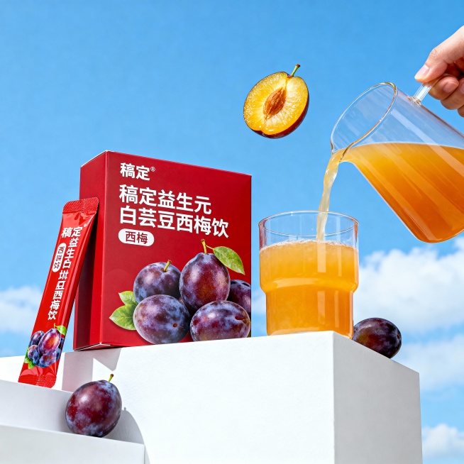 商品商业宣传图，低角度仰视视角，左边红色独立小包装依靠在红色的益生元白芸豆西梅饮包装盒，包装盒的右后面有一杯正在倒入橙黄色西梅饮品的透明玻璃杯，独立小包装和红色包装盒和玻璃杯置于白色展台上，展台上点缀预览效果
