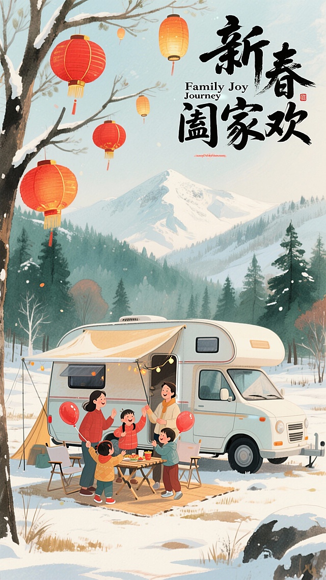 国潮风插画，水彩质感融合水墨意境，喜庆红灯笼与雪景相映，温馨家庭围炉欢聚，卡通人物传递新春团圆喜悦。