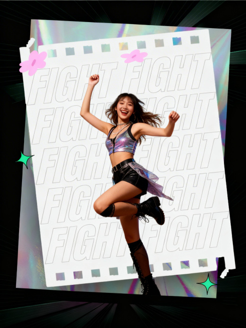 在海报中心位置生成一位跳着爵士舞的开心真人女生，充满活力，风格和原海报镭射复古潮酷一致，适合海报构图，需要真人实拍风格预览效果