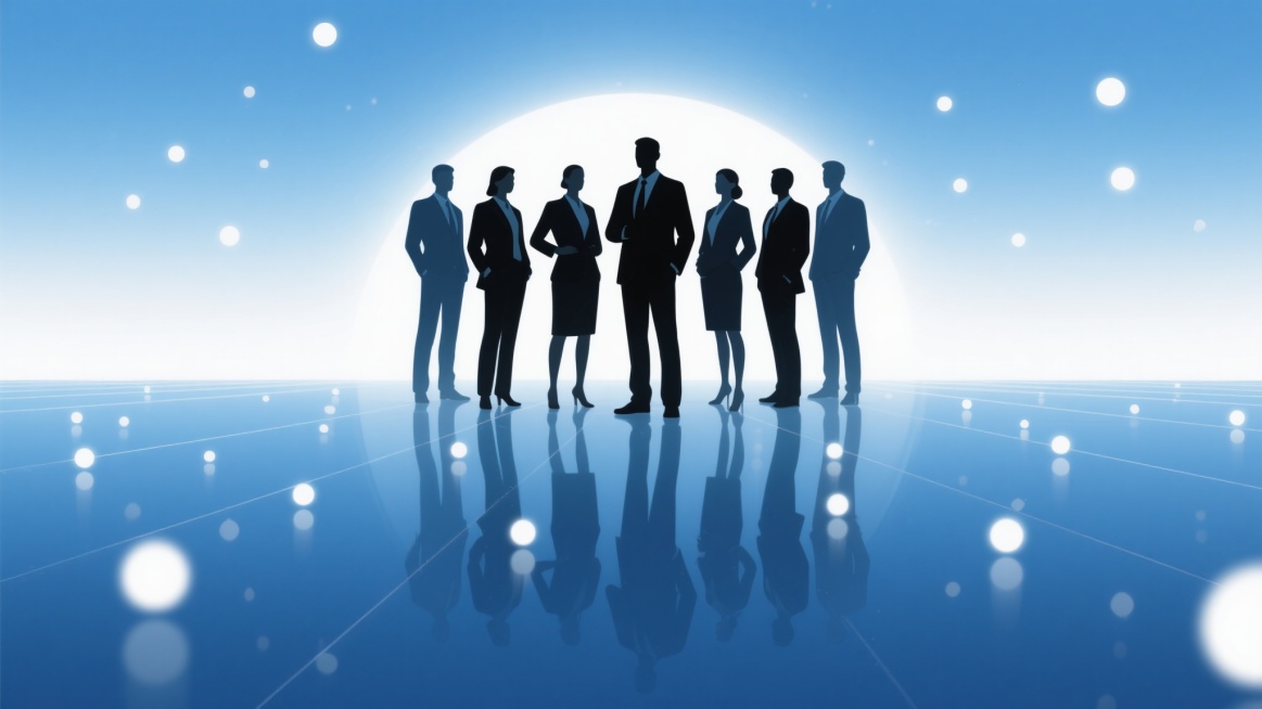 一群身着商务正装的团队成员剪影，位于画面中央，姿态挺拔，呈现出协作与领导的氛围。背景为渐变的蓝色调，从中心向四周逐渐过渡为明亮的白色光晕，营造出专业、现代且充满希望的感觉。地面有光滑的镜面反射效果，映照出人物的轮廓，增强空间感。画面中点缀着大小不一、分布均匀的白色光斑，如同散落的光点，增添科技感与未来感。整体风格为简洁的商务插画，线条流畅，色彩柔和，光影过渡自然，适合作为团队背景使用。预览效果