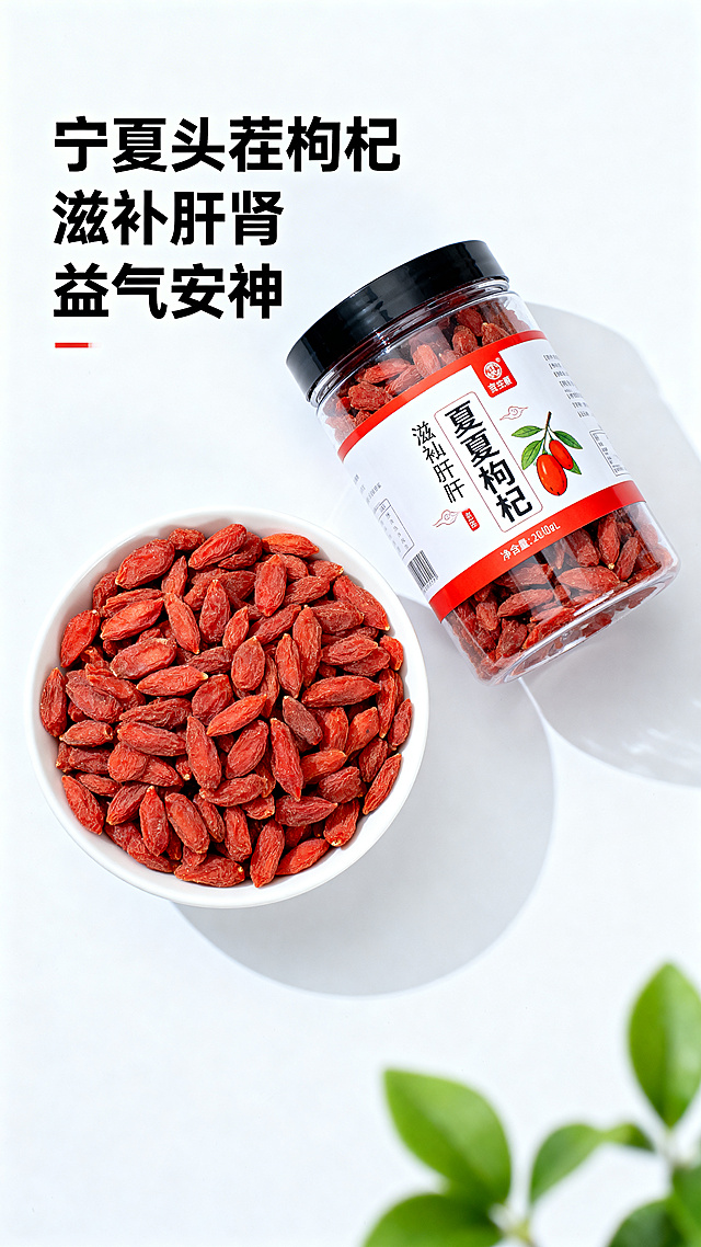 商品轮播图，展示罐装宁夏枸杞单品图，瓶装包装搭配白碗盛出的红枸杞，颗粒饱满，文字“宁夏头茬枸杞 滋补肝肾 益气安神”，干净白底背景，高清商品图，电商通用风格，不要带有拼多多字样