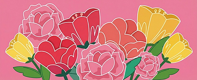 生成图中扁平化风格的花朵元素，包含粉色玫瑰、红色爱心形花朵、黄色郁金香