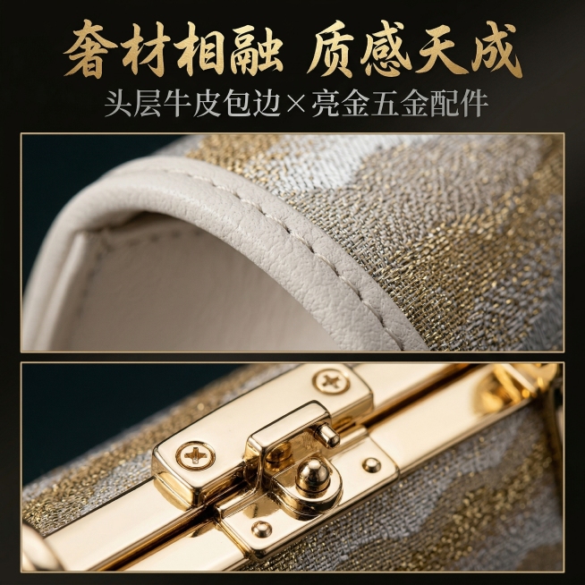 基于原图产品，新中式国风鎏金山水织锦提花手提包，画面分上下两栏，上半部分为奶白真皮包边超近距离微距特写，下半部分为亮金五金配件超近距离微距特写，严格保留所有产品细节。尺寸比例1:1竖版。添加文字：画面预览效果
