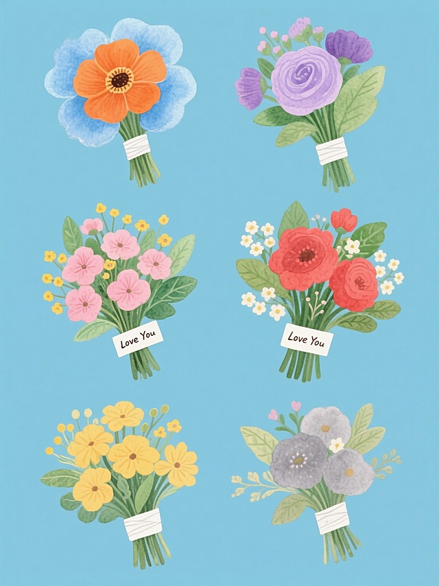 采用手绘水彩风格，以柔和笔触和边缘晕染效果绘制的花卉束系列，包含橙色主花、粉色花朵、黄色小花及绿色叶片，搭配白色绑带和"Love You"标签，保持原始构图与元素完整性，使用纯色背景，整体色彩变换为六个不同色调组合（如蓝色系、紫色系、绿色系、红色系、黄色系、灰色系），每个花卉束造型细节略有差异，形成六个完全不同造型的同元素内容系列素材，规整排布于画面中，保持清新自然的氛围与手绘质感。