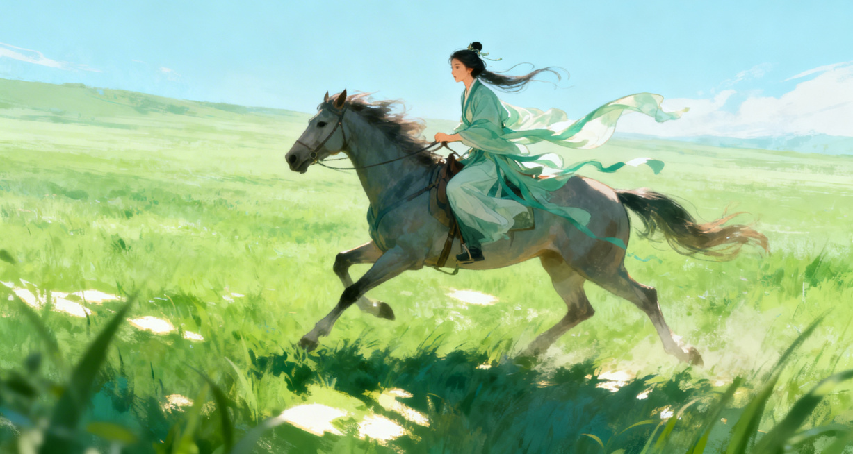 古风女子身着飘逸传统汉服，骑在骏马上奔驰在辽阔的青青草原上，衣袂随风飞扬，神态飒爽恣意，草原天空辽阔澄澈，整体氛围洒脱明快，古典国风插画风格，色彩清新自然预览效果