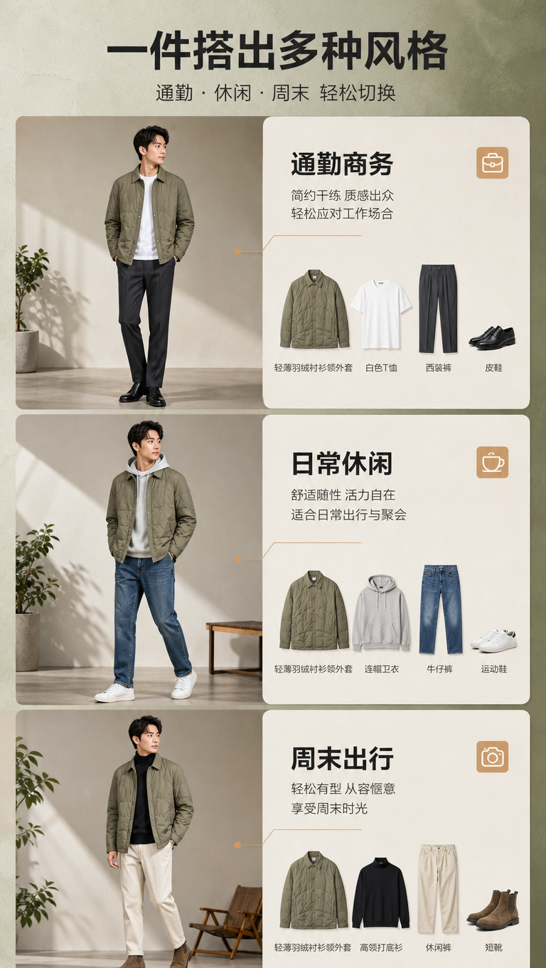 [商品] 使用【图1】橄榄绿男士轻薄衬衫领羽绒服；商品处理：保… - 图片创意预览