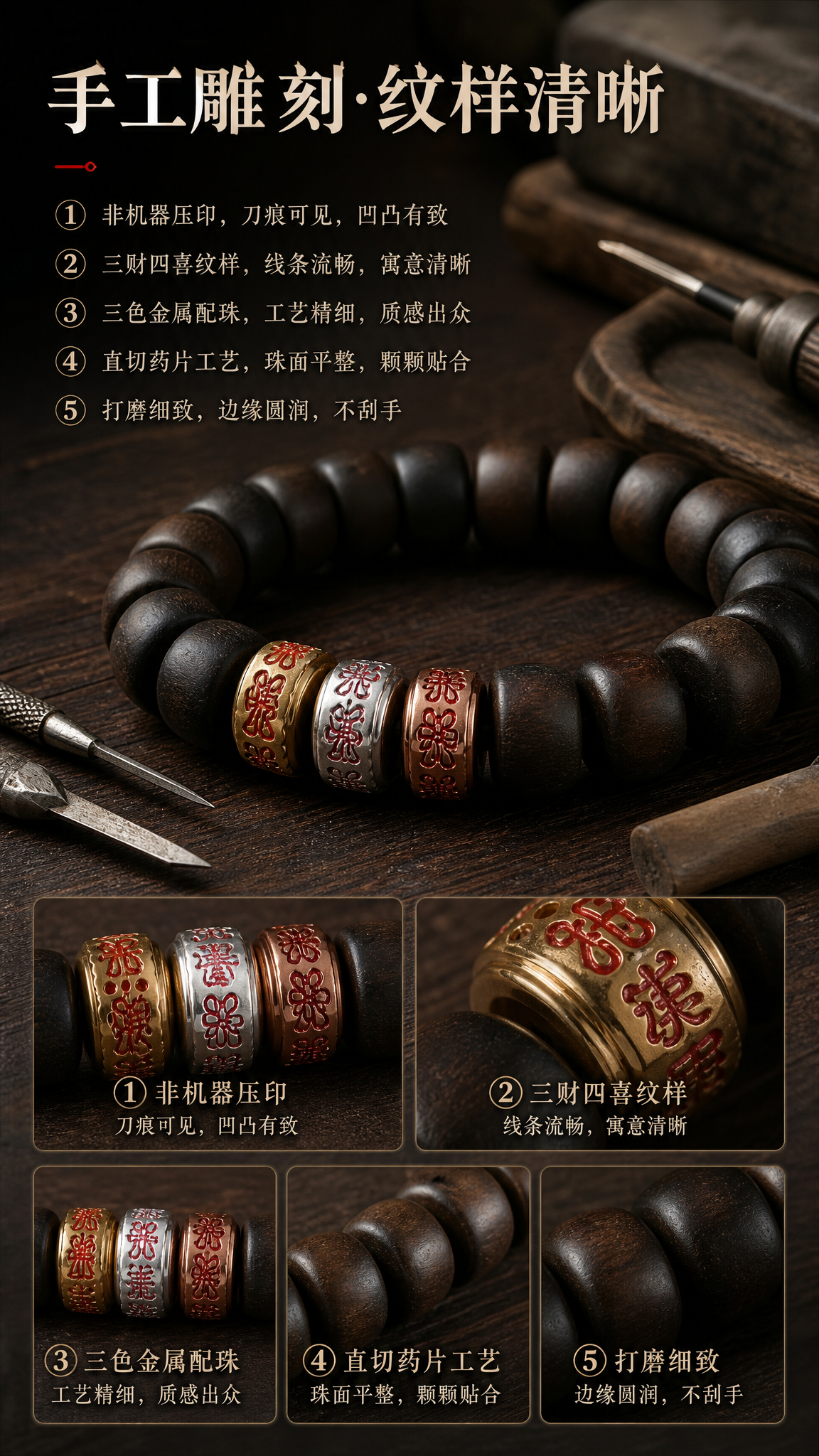 第10屏：工艺细节-手工雕刻。基于image1-4手串，生成详… - 图片创意预览