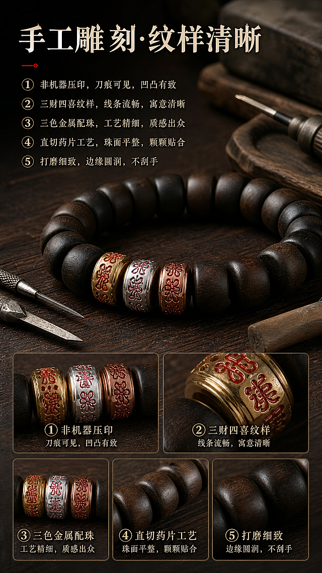 第10屏：工艺细节-手工雕刻。基于image1-4手串，生成详情页工艺屏，9:16竖版。要求：1. 产品外观不变；2. 暗调匠人质感，深色木质工作台面背景，搭配雕刻工具元素点缀；3. 标题："手工雕刻·纹样清晰"；4. 工艺卖点："① 非机器压印，刀痕可见，凹凸有致 ② 三财四喜纹样，线条流畅，寓意清晰 ③ 三色金属配珠，工艺精细，质感出众 ④ 直切药片工艺，珠面平整，颗颗贴合 ⑤ 打磨细致，边缘圆润，不刮手"；5. 手串局部特写展示雕刻细节与工艺质感，匠人氛围，详情页排版。