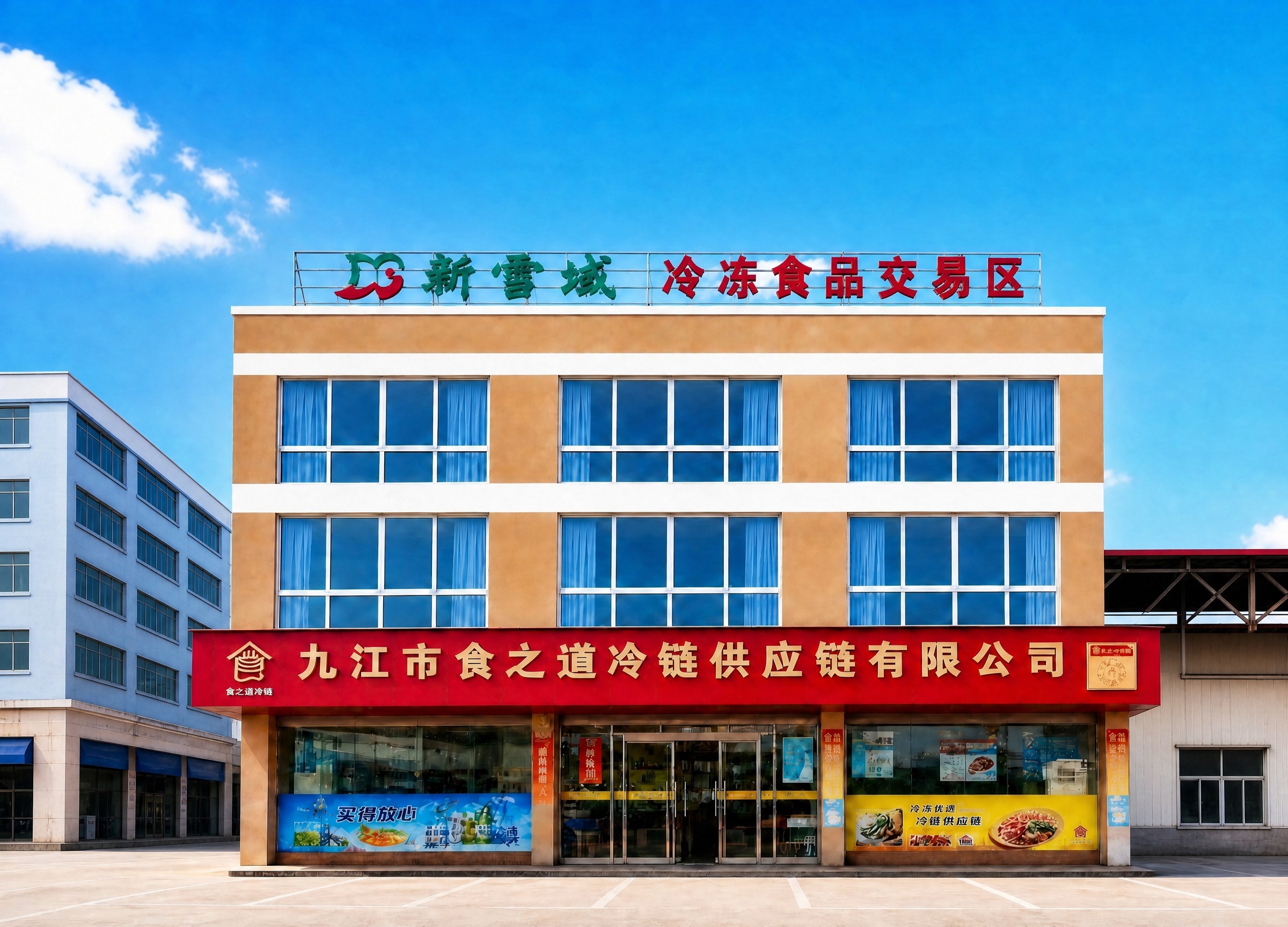 将图1中主建筑左右两侧的相邻建筑（左侧的浅蓝色多层楼房、右侧的… - 图片创意预览