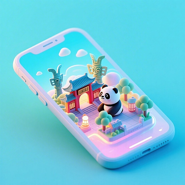 一个手机创意微缩场景，手机平放，侧面对着观众，手机俯视角度，立体的成都景观从屏幕内出来，有熊猫，三星堆，武侯祠，整体色调立体魔幻。青色背景。具有梦幻感,打光营造出柔和氛围强调梦幻和未来感的美学。