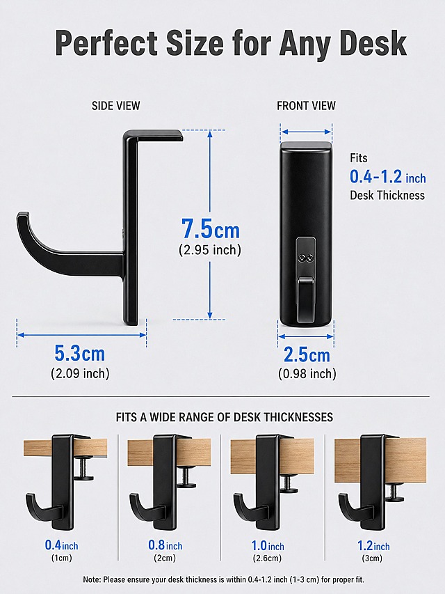 [主图-5] Headphone Hanger Hook 4-Pack Under Desk Headset Holder Mount，尺寸规格图，清晰标注产品尺寸和适配桌面厚度。
[统一基调] 浅冷灰色背景，工程制图风格尺寸标注。主标题深灰色粗体无衬线，尺寸数字大号科技蓝色，辅助文字深灰色。
[画面] 画面展示耳机挂架的两个视角：左侧为侧视图（展示挂钩伸出长度和总高度），右侧为正视图（展示挂架宽度和夹持开口）。两个视图之间有清晰的尺寸标注线和箭头。侧视图标注：挂钩伸出长度5.3cm（2.09 inch），总高度7.5cm（2.95 inch）；正视图标注：挂架宽度2.5cm（0.98 inch），顶部夹持开口厚度适配范围标注为"Fits 0.4-1.2 inch Desk Thickness"。画面底部有一个桌面厚度对比示意图，展示不同厚度桌面都能适配。产品占画面约60%，尺寸标注清晰不拥挤。
[光影质感] 产品为哑光黑金属质感，平光照明突出轮廓和尺寸，阴影柔和，适合工程尺寸展示。背景浅冷灰色均匀。
[配色] 背景浅冷灰色，产品黑色，尺寸线和数字科技蓝色，标注文字深灰色。
[文字版式] 顶部大标题"Perfect Size for Any Desk"深灰色粗体大字。尺寸标注数字为大号科技蓝色字体，单位文字为小号深灰色，CM和Inch双标注。底部适配范围文字深灰色。所有文字均为英文，数字清晰易读。
[输出要求] 3:4竖版比例，尺寸标注清晰准确，产品轮廓锐利，文字数字无变形错字，无模糊、水印、平台Logo。禁止中文文字。