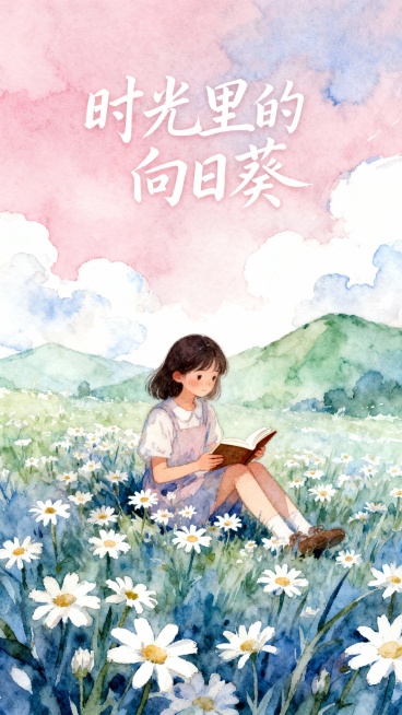 手绘水彩风格的青春治愈小说封面，柔和的粉蓝色调，画面中心是少女坐在开满白色雏菊的草地上，手中捧着一本翻开的书，远处有淡绿色的山峦和飘着白云的天空，整体氛围温暖宁静，书名“时光里的向日葵”用手写体白色字预览效果