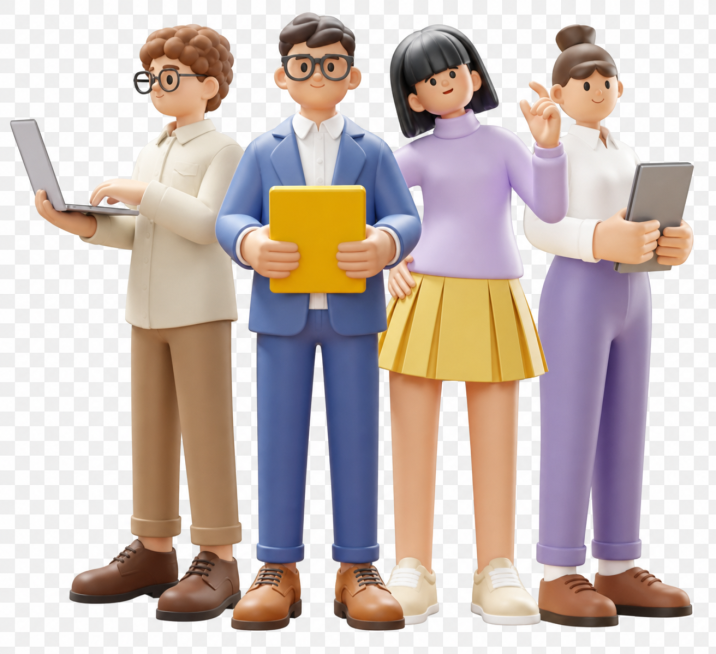 去除图片上所有的水印文字和白色线条，保留四个商务办公3D人物形象不变，背景保持透明，不要修改人物和整体风格预览效果