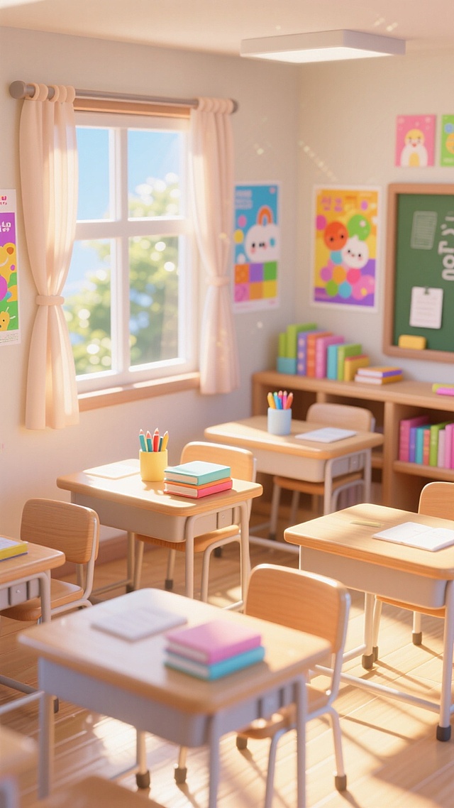 夏天教室场景，没有人，阳光灿烂，明亮的氛围