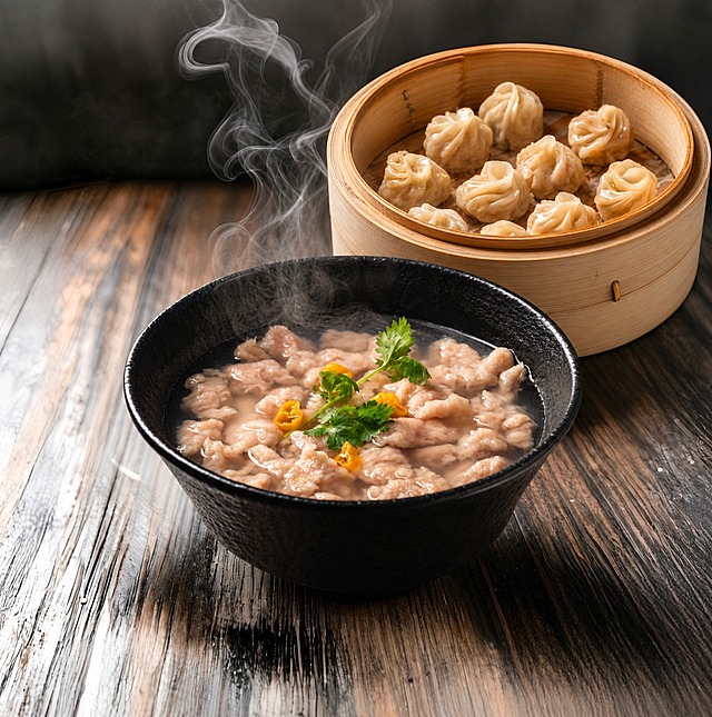 将图中前景的肉片汤碗替换为image2中的肉片汤（黑碗装的肉片汤，保留热气效果），放在前面位置；将图中背景蒸笼里的小笼包替换为image3中的蒸笼装小笼包，放在后面位置。保持原图的木质桌面背景、整体构图、视角、光线和蒸汽效果完全不变，不要美化图片，只替换产品本身，确保融合自然真实
