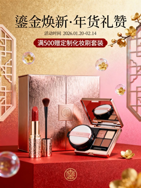 “轻奢鎏金风年货节美妆海报，核心元素：丝绒口红、养肤气垫、眼影盘组成的限定礼盒；背景为渐变金红磨砂质感，点缀镂空雕花窗格与悬浮金箔梅花；文字布局：顶部艺术字体‘鎏金焕新·年货礼赞’、活动时间‘2026预览效果