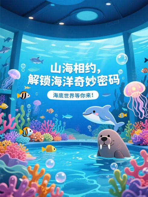 卡通风格，大标题“山海相约，解锁海洋奇妙密码”，小标题“海底世界等你来！”，营造海洋馆可爱氛围 。预览效果
