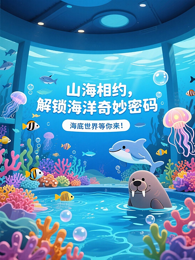 卡通风格，大标题“山海相约，解锁海洋奇妙密码”，小标题“海底世界等你来！”，营造海洋馆可爱氛围 。