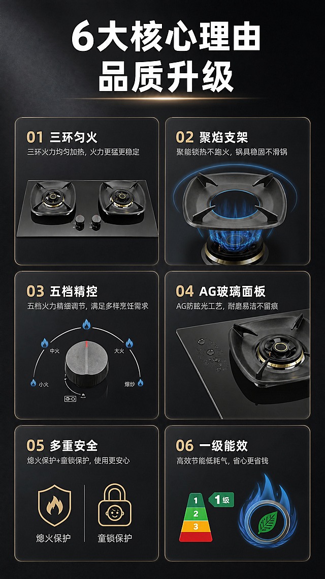[商品] 使用【图1】嵌入式双眼燃气灶；保留黑色钢化玻璃面板、双灶头方形锅架、三环火盖、圆形旋钮的完整结构与颜色；产品做缩小展示嵌入卡片中，不改变结构比例。
[画面] 第3张·核心卖点总览，目标建立6大核心卖点整体认知。上下构图，顶部标题区，中部6格卖点卡片矩阵（2列3行），其中左上卡片嵌入灶具整机图，其余5卡配对应图标或局部细节示意。产品在首卡中占卡片面积约50%。
[视觉] 套系策略：风格=深色高端科技商业摄影+3D渲染质感；标题字=现代无衬线粗黑体；正文字=简洁无衬线中黑体；主色=炭黑+深灰；背景延展=基于炭黑做深浅渐变和细腻磨砂质感；强调色=火焰蓝+香槟金，仅用于图标、引线和卡片高光边；标题色=纯白；正文色=浅灰白；组件=圆角深色卡片、细线分割、线性图标；光影=均匀柔光+卡片边缘高光。
[文字] 顶部主标题「6大核心理由 品质升级」，6个卖点卡片分别为：「三环匀火」「聚焰支架」「五档精控」「AG玻璃面板」「多重安全」「一级能效」，每卡配1行副标题说明。文字全部横排，卡片内左对齐。
[规格] 图片比例9:16竖版，4K分辨率，负向提示：避免产品变形、错字、文字过小、卡片样式不统一、颜色杂乱、纯白底。