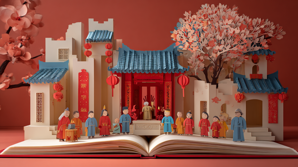 New Chinese paper-cut art style, 3D pop-up book unfolding effect, core scene is traditional Minnan a预览效果