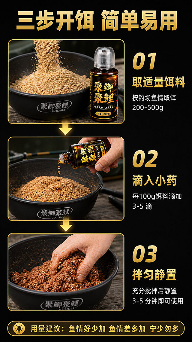 [第7张] 使用方法页-聚鲫聚鲤钓鱼小药开饵添加步骤演示。本张使用【图1】作为步骤中的产品主体。
[氛围/风格] 三步流程演示，清晰易懂，黑金专业风格，操作实拍质感。
[元素布局] 画面采用上中下三步纵向流程布局，每步配操作图+说明文字；第1步「取饵」：展示饵料盆中倒入饵料的场景，产品瓶身在旁；第2步「加药」：展示手持产品瓶身往饵料中滴加小药，瓶身与输入图一致，清晰可见滴液动作；第3步「拌匀」：展示手搅拌饵料至均匀状态；每步之间用向下金色箭头连接；背景为深黑色渐变，每步操作图有金色边框。
[光影质感] 每步操作图有清晰顶光，产品瓶身有高光，金色箭头有发光效果，整体干净明亮。
[配色色系] 全局底色 #0D0D0D 深黑；主色金色 #D4AF37 箭头与标题；操作图为真实暖色调。
[视角构图] 纵向三步流程构图，阅读动线从顶部标题 → 第1步 → 第2步 → 第3步 → 底部用量提示。
[文字版式] 顶部大标题「三步开饵 简单易用」金色粗黑体；每步左侧大号金色数字编号「01」「02」「03」；第1步标题「取适量饵料」+说明「按钓场鱼情取饵 200-500g」；第2步标题「滴入小药」+说明「每100g饵料滴加 3-5 滴」；第3步标题「拌匀静置」+说明「充分搅拌后静置 3-5 分钟即可使用」；底部金色信息条写「用量建议：鱼情好少加 鱼情差多加 宁少勿多」。
[比例分辨率] 9:16 竖版比例，2K分辨率，文字清晰可辨，高清画质。
[负向提示词] 产品变形，文字错乱，颜色偏差，水印，文字过小，操作动作不自然，步骤混乱。