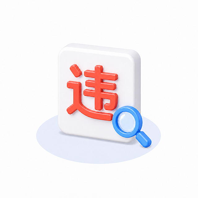 参考原图的等距3D立体简约轻质感风格，将蓝色放大镜搜索图标整体向左移动少许，放置在红色"违"字右侧，保持构图协调，浅淡浅蓝色阴影背景，维持和其他图标一致的风格