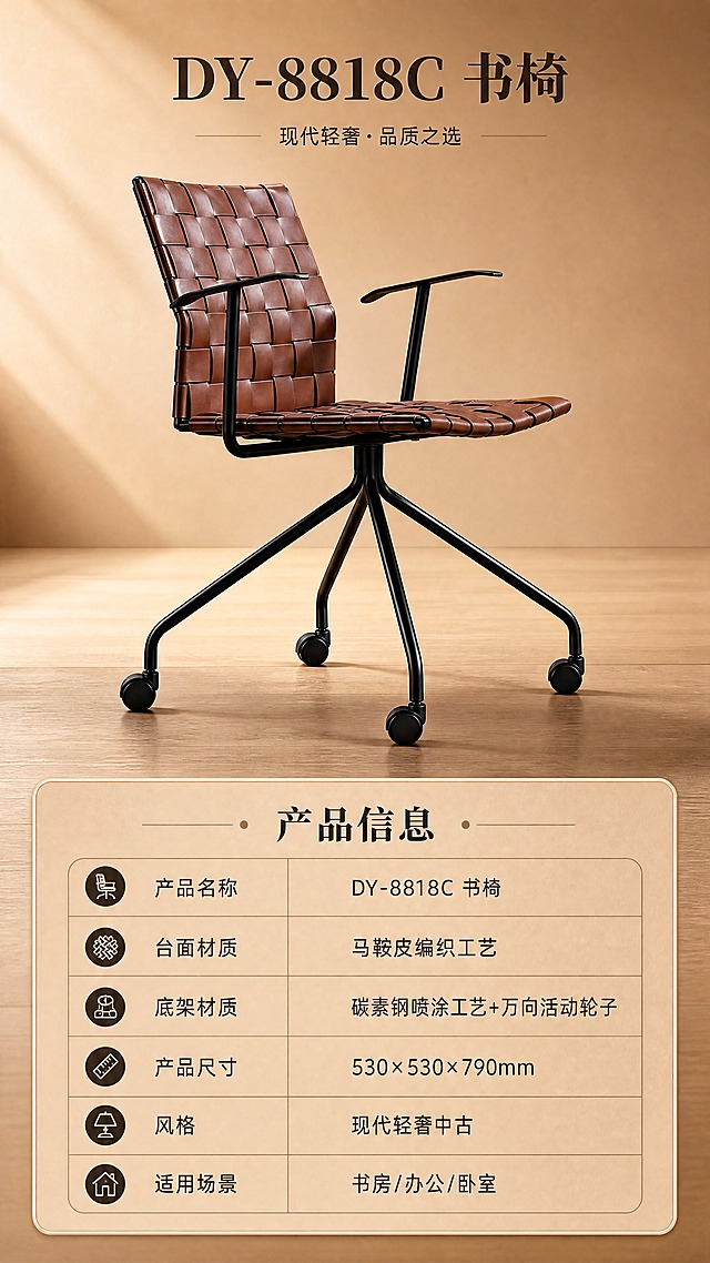 [商品] 使用【图1】DY-8818C书椅；保留棕色马鞍皮编织坐靠面、黑色碳素钢五星脚架、万向活动轮子、扶手结构、整体比例和颜色；增强皮革与金属质感。
[画面] 目标：产品信息规格参数收口页。上下分区构图，上方椅子侧视全貌图，下方规整参数表格。产品占画面约45%，侧视角度。背景为浅暖棕渐变，简洁干净。
[视觉] 套系策略：风格=现代轻奢中古商业摄影；标题字=现代衬线粗体；正文字=简洁无衬线体；主色=暖棕焦糖色；背景延展=基于暖棕做深浅层级、同色渐变和细腻木纹/皮革质感；强调色=哑光黑，仅用于小面积图标、引线和标签；标题色=深炭棕；正文色=中暖灰；组件=圆角浅棕信息卡、细线引线；光影=左前侧暖柔光+窗边自然光。
[文字] 参数表标题「产品信息」，表格内容：产品名称「DY-8818C 书椅」，台面材质「马鞍皮编织工艺」，底架材质「碳素钢喷涂工艺+万向活动轮子」，产品尺寸「530×530×790mm」，风格「现代轻奢中古」，适用场景「书房/办公/卧室」。文字清晰规整，手机端可读。
[规格] 图片比例9:16竖版，4K分辨率，quality=medium，避免变形、错字、文字过小、冷蓝背景、产品颜色改变、结构失真、极限词。