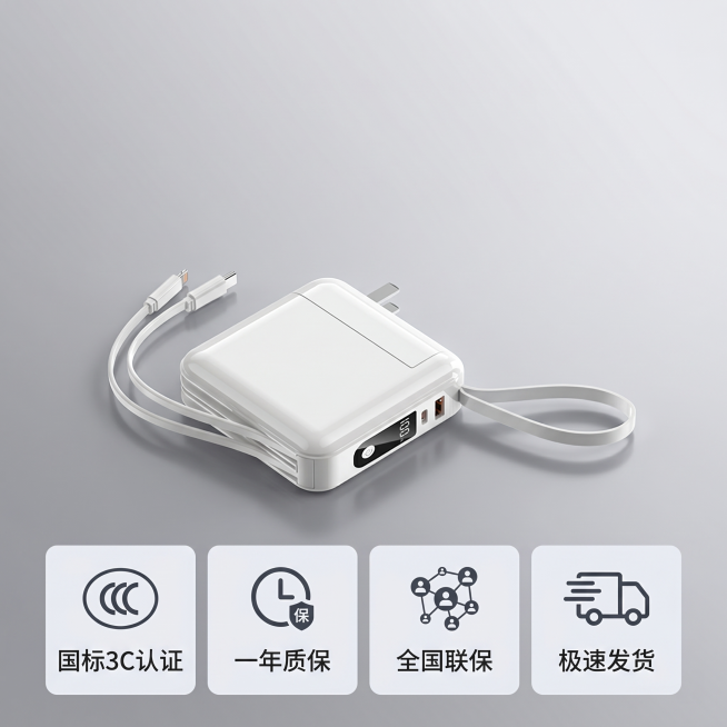 [主图-5] 充电宝认证售后保障展示主图
[氛围风格] 信任背书稳重科技风
[画质] 商业摄影质感，画面清晰干净，整体高级稳重
[元素] 白色充电宝主体居中放置，下方排列四个认证与服务保障卡片，分别展预览效果