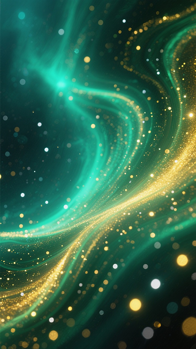 深邃的青绿色渐变背景，流动着金色与黄绿色的光带，仿佛宇宙星云般梦幻。画面中点缀着无数大小不一、闪烁着微光的金色与白色光点，这些光点在绿色背景上形成了层次感和动感，整体风格神秘而璀璨，充满了流动的韵律和宇宙的浩瀚感，色调以深绿、翠绿为基底，金色和黄绿的光效点缀其中，营造出一种静谧而华丽的氛围。