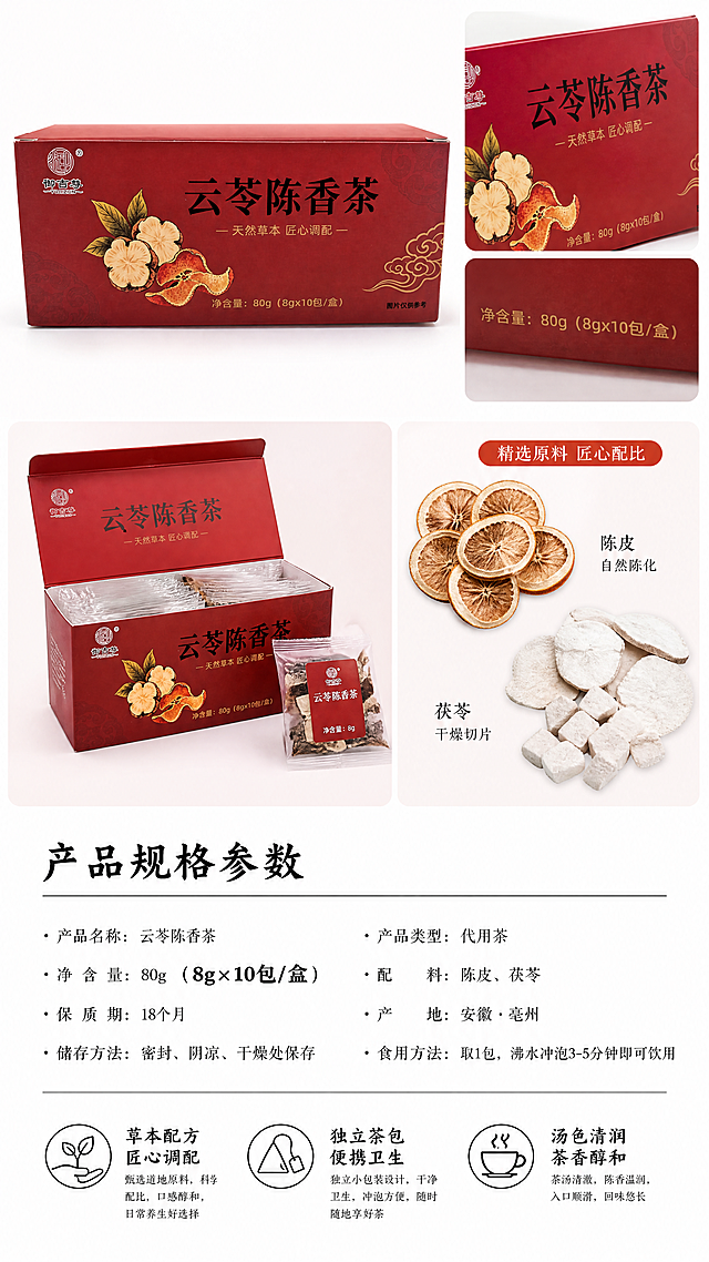 「图片1」，生成一套详情页，商品名称为云苓沉香茶，详情页1：品牌&资质页
 
 电商详情页，9:16竖版，浅米红渐变底色，边角淡金祥云暗纹，右侧放云苓陈香茶礼盒实拍，红色标题栏“品牌实力保障”，简约国风排版， 柔和自然光，干净清爽，农产品资质展示。 
 
详情页2：原料溯源页
 
 电商详情页，9:16竖版，上半部分古风茶园/山林云雾插画，左侧线稿陈皮、茯苓等原料生长场景，下半部分礼盒+陈皮、茯苓片特写，原料纹理清晰，自然光，原生态国风画风，突出“天然草本”原料溯源。 
 

详情页3：产品规格&细节页
 
 电商详情页，9:16竖版，白底浅红分区排版，多角度展示云苓陈香茶礼盒：盒面花纹、净含量标注、独立茶包细节，旁边平铺原料陈皮、茯苓片，光影柔和，突出“8g×10包/盒”独立包装，高清静物摄影。 
  
 
详情页4：冲泡&饮用指南页
 
 电商详情页，9:16竖版，原木茶桌居家场景，一侧展示玻璃杯泡云苓陈香茶的茶汤（浅棕透亮），另一侧放礼盒+茶包，红色分区文字框，标注“冲泡方法”“饮用建议”“禁忌人群”，养生科普版式，色调温暖雅致。 
 
详情页5：储存&温馨提示页
 
`电商详情页，9:16竖版，简约国风版式，主体为云苓陈香茶礼盒特写，角落放茶包防潮袋插画，浅红底色搭配金色祥云暗纹，分栏文字排版，详情页文案（5模块，对应5张详情图）
 
模块1：品牌实力保障
 
标题：御吉尊 · 品牌实力保障
✅ 正规备案生产｜资质齐全，可查可验
✅ 严格品控流程｜原料筛选、生产、包装全链路管控
✅ 独立包装卫生｜食品级材质，防潮防污，干净便携
 
小字说明：
御吉尊专注草本养生茶饮，坚持“天然草本、匠心调配”的理念，从原料采购到成品出厂，每一步都遵循严格标准，只为给你带来放心的日常茶饮选择。
 
 
 
模块2：原料溯源与配方理念
 
标题：甄选道地原料 · 科学草本配比
🌿 核心原料：陈皮、茯苓等多味天然草本，人工筛选去杂，保留原料本味
📋 配方理念：遵循传统草本搭配思路，温和调配，不额外添加香精、色素、防腐剂
✨ 工艺特点：低温烘干工艺锁鲜，保留草本香气与风味，拒绝硫熏、拒绝染色
 
文案补充：
每一味原料都经过人工筛选，去除杂质、坏料，确保原料品质。采用科学配比，口感温润，适合日常冲泡饮用，还原草本的自然风味。
 
 
 
模块3：产品规格&细节展示
 
标题：产品规格参数
 
- 品名：云苓陈香茶
- 品牌：御吉尊
- 净含量：80g（8g×10包/盒）
- 包装形式：独立食品级茶包+国风红色礼盒，防潮易存，便携卫生
- 配料：陈皮、茯苓等天然草本（初级农产品）
- 储存方式：置于阴凉干燥处保存
 
细节卖点：
✅ 独立茶包：8g定量分装，一次一包，冲泡方便，干净卫生
✅ 国风礼盒：红金配色+祥云纹样，典雅大气，自用或送礼都合适
✅ 原料可见：茶包内原料清晰，无碎渣、无杂质，冲泡无浑浊
 
 
 
模块4：冲泡指南与温馨提示
 
标题：日常冲泡饮用指南
✅ 推荐冲泡方式
 
- 取1包云苓陈香茶，放入杯中，用85-95℃沸水冲泡，焖泡3-5分钟即可饮用
- 可反复续水2-3次，至味淡为止；每日1-2包即可，不建议过量饮用
 
⚠️ 不适宜/注意事项
 
- 婴幼儿、孕期及哺乳期女性不建议饮用
- 体质虚寒、易腹泻人群，饮用前建议先少量尝试
- 本品为初级农产品调配的代用茶，不替代药品，请勿过量饮用
 
温馨提示：
若冲泡后茶汤出现轻微浑浊或沉淀，为原料本身特性，属正常现象，不影响饮用。
 
 
 
模块5：储存&保质期说明
 
标题：储存&保质期说明
🔸 储存条件：置于阴凉干燥、通风处保存，避免阳光直射、高温潮湿环境，远离异味物品；开封后请尽快饮用完毕，防止受潮。
🔸 保质期：18个月（未开封，且储存条件符合要求）
 
补充说明：
本品为天然草本代用茶，未添加防腐剂，若储存不当可能出现受潮、发霉、异味等情况，发现异常请勿饮用。
标注适配淘宝/天猫平台，单图比例为9:16，需求屏数为5张。