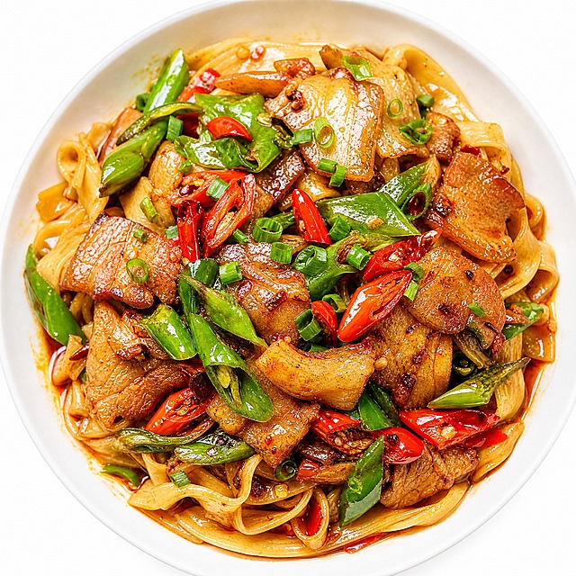 一碗诱人的河南风味干拌辣椒炒肉面，宽面条上铺满了红亮的辣椒炒肉浇头，青椒和红辣椒与五花肉片翻炒得油亮诱人，酱汁均匀裹在每根面条上，面条根根分明有光泽，撒上少许葱花点缀，热气腾腾，色泽鲜亮，美食摄影风格，俯拍视角，浅景深，暖色调灯光，高清晰度，细节丰富，让人食欲大开，纯白背景突出主体，适合菜单使用