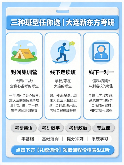 参考图片风格，生成大连新东方考研班型宣传图，比例3:4，清新简约蓝白色调风格，顶部标题："三种班型任你选｜大连新东方考研"，主体是三列纵向均分卡片：第一列图标🏕，标题封闭集训营，适合学员：大四/二战预览效果