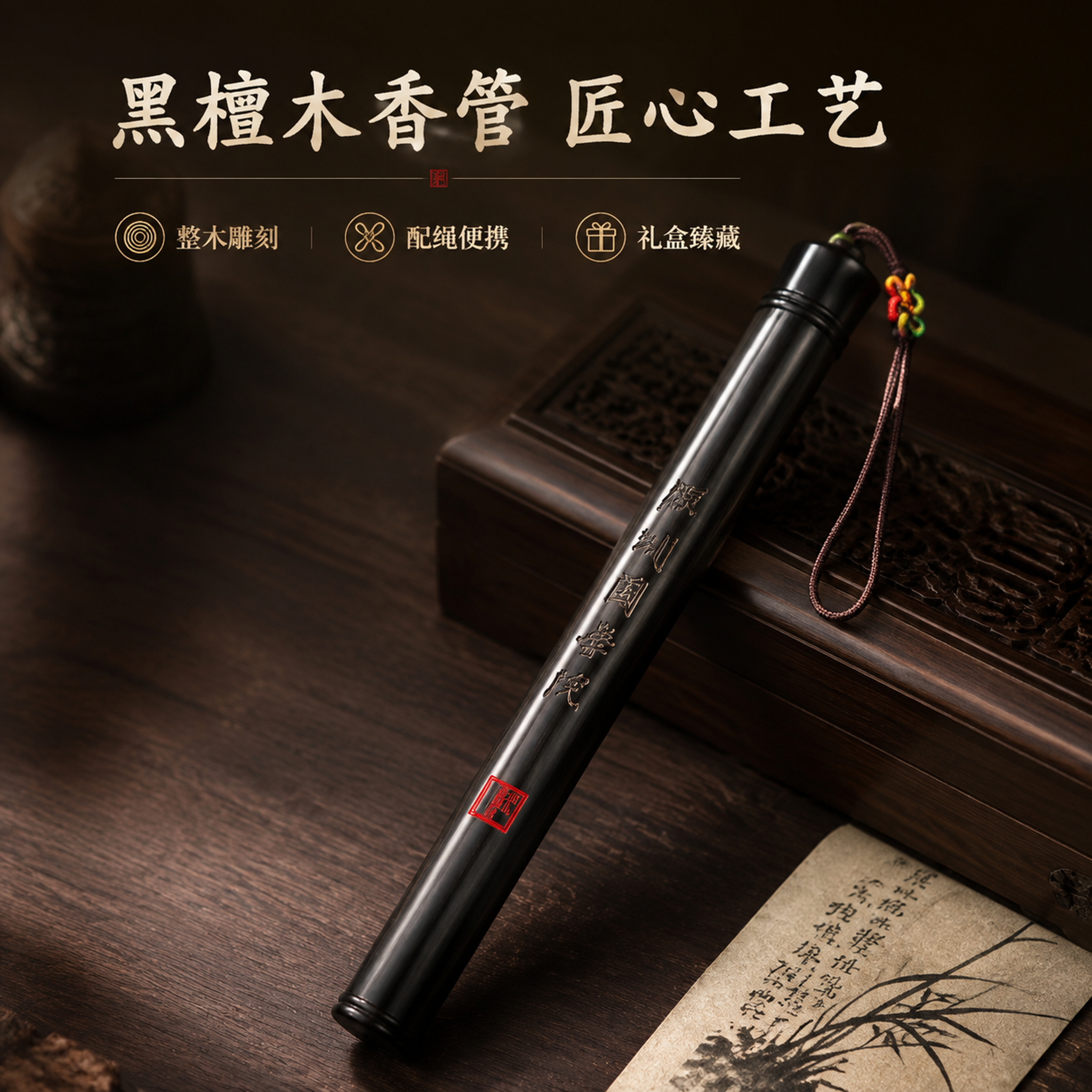 [主图-2] 黑檀木香管细节特写图，突出材质工艺。本张使用【图… - 图片创意预览