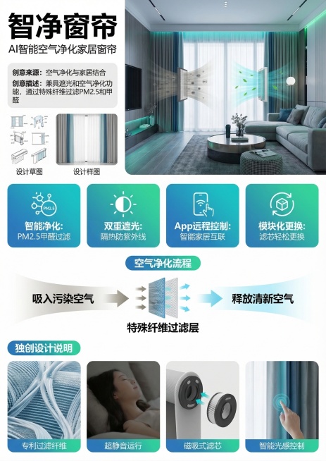 仿照参考海报的版式设计，设计一张智能空气净化窗帘的产品创意海报，排版和参考图一致，包含大标题、产品大图、功能模块说明、产品介绍流程区块，所有文字字号都很大，清晰醒目。内容包含：作品名称“智净窗帘”，创预览效果
