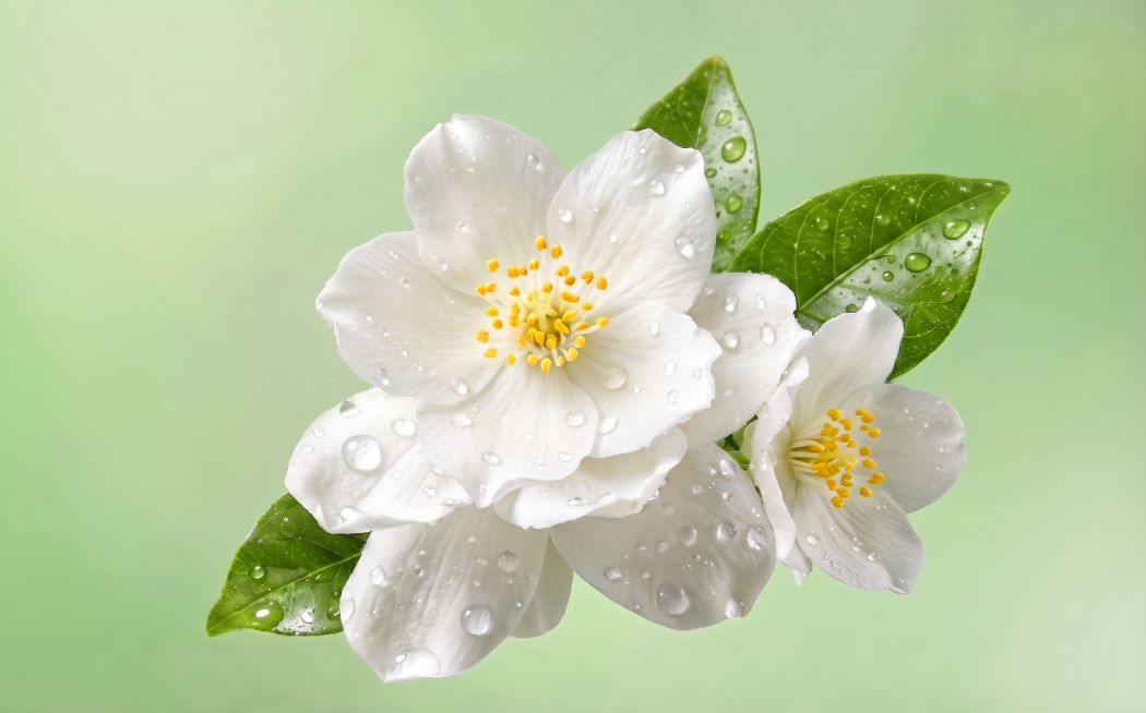 移除图片左侧的两个花骨朵，保持其余茉莉花、绿叶和露珠不变，背景保留渐变淡绿色，修复移除区域使画面自然协调，真实质感预览效果