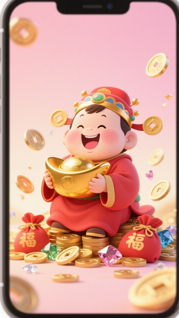手机壁纸，Q版卡通，胖乎乎笑眯眯的财神宝宝，穿着宽松的红袍，抱着一个比他还大的金元宝，坐在一堆金币和宝石上。背景是柔和的粉色和金色渐变，周围有小福袋、铜钱和元宝在跳跃。画面明亮，色彩鲜艳，手绘插画风格预览效果